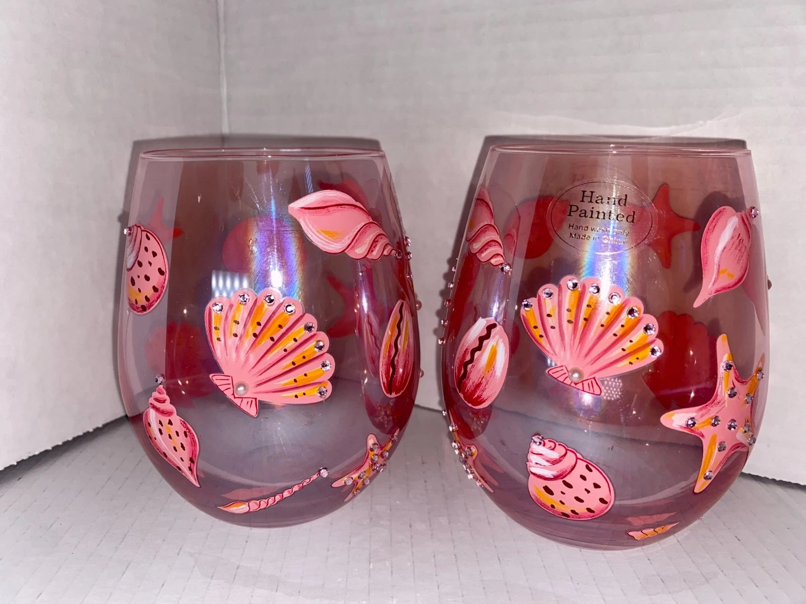 Set of Hand-Painted Iridescent Pink Acrylic Cups – Seashells, Pearls & Gem Beads | eBay