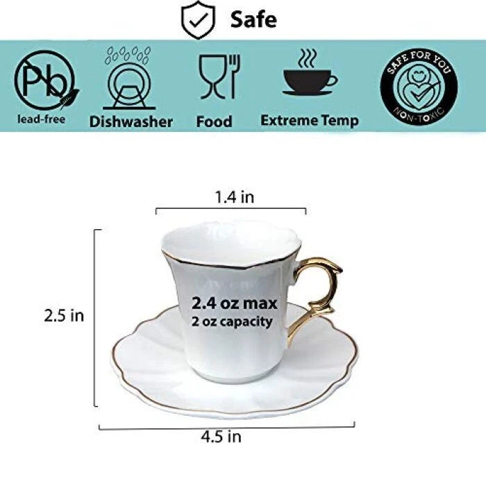 Btat Espresso Cups and Saucers 2.4 Oz Set Of 6 Gold Trim Demitasse | eBay