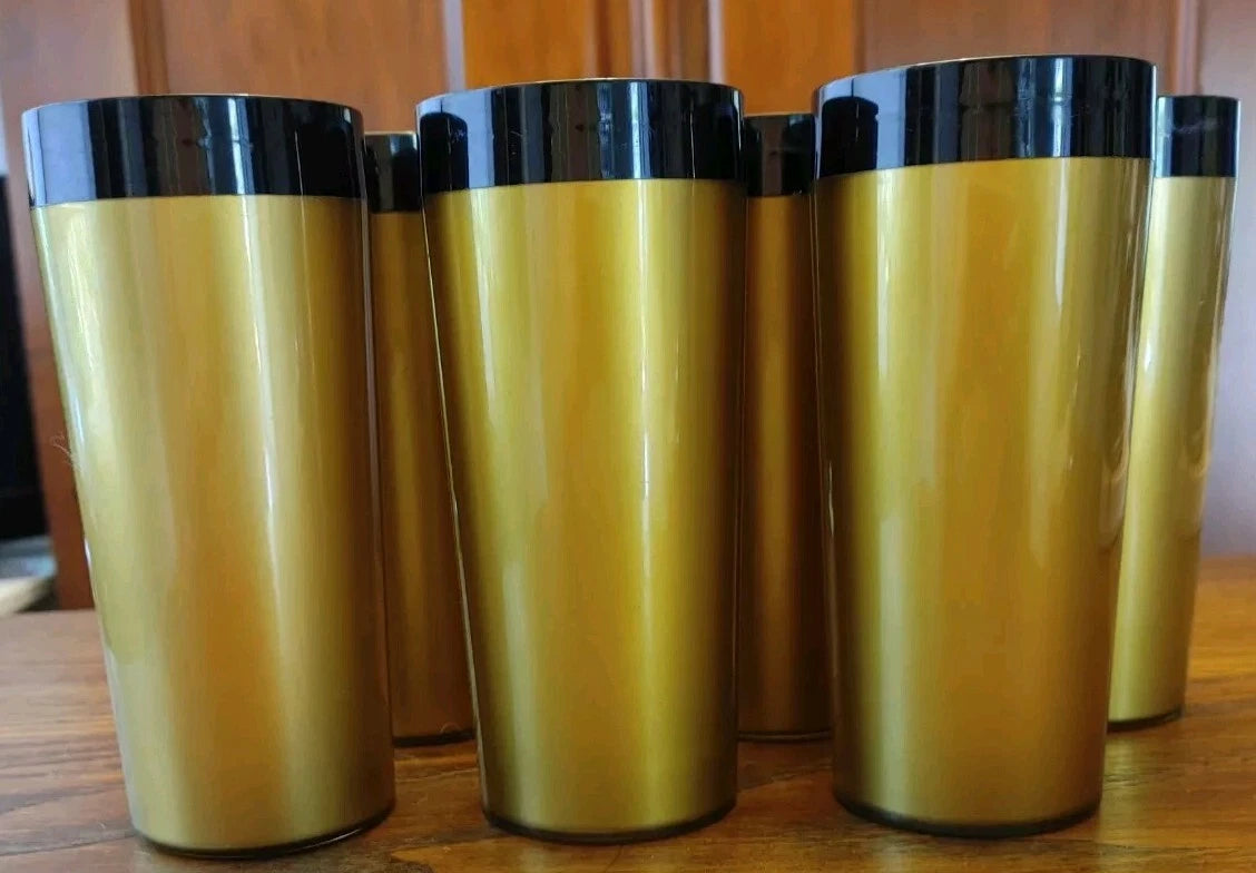 1 Set Of 6 ~ 1970s Thermo-Serv Plastic Insulated Tumblers Black Gold 12oz | eBay