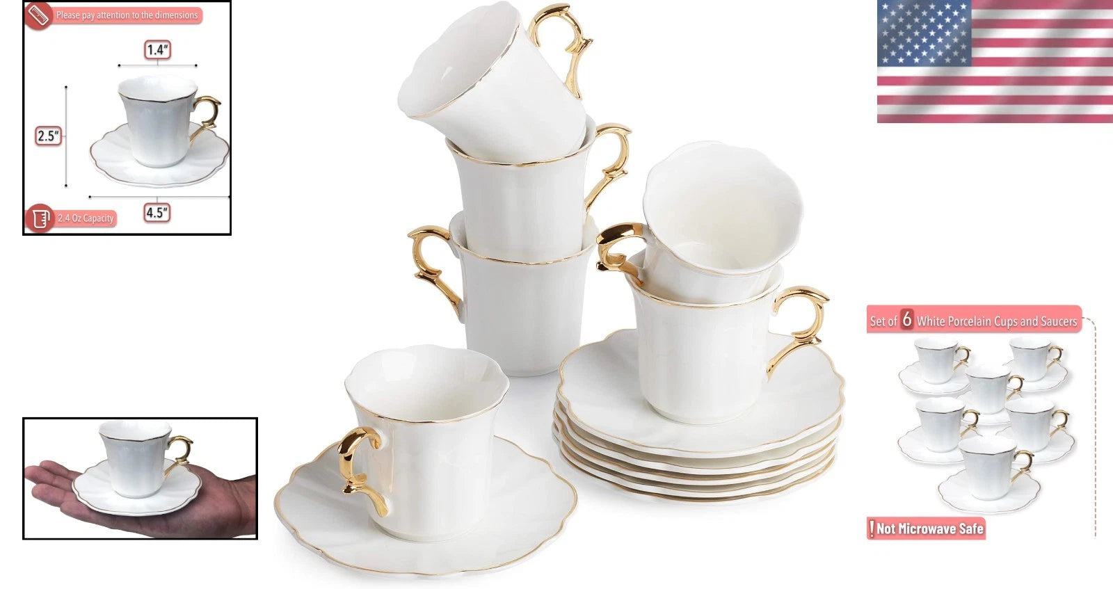 Elegant Gold Trim Porcelain Espresso Cups Set of 6 - Dishwasher Safe Design | eBay