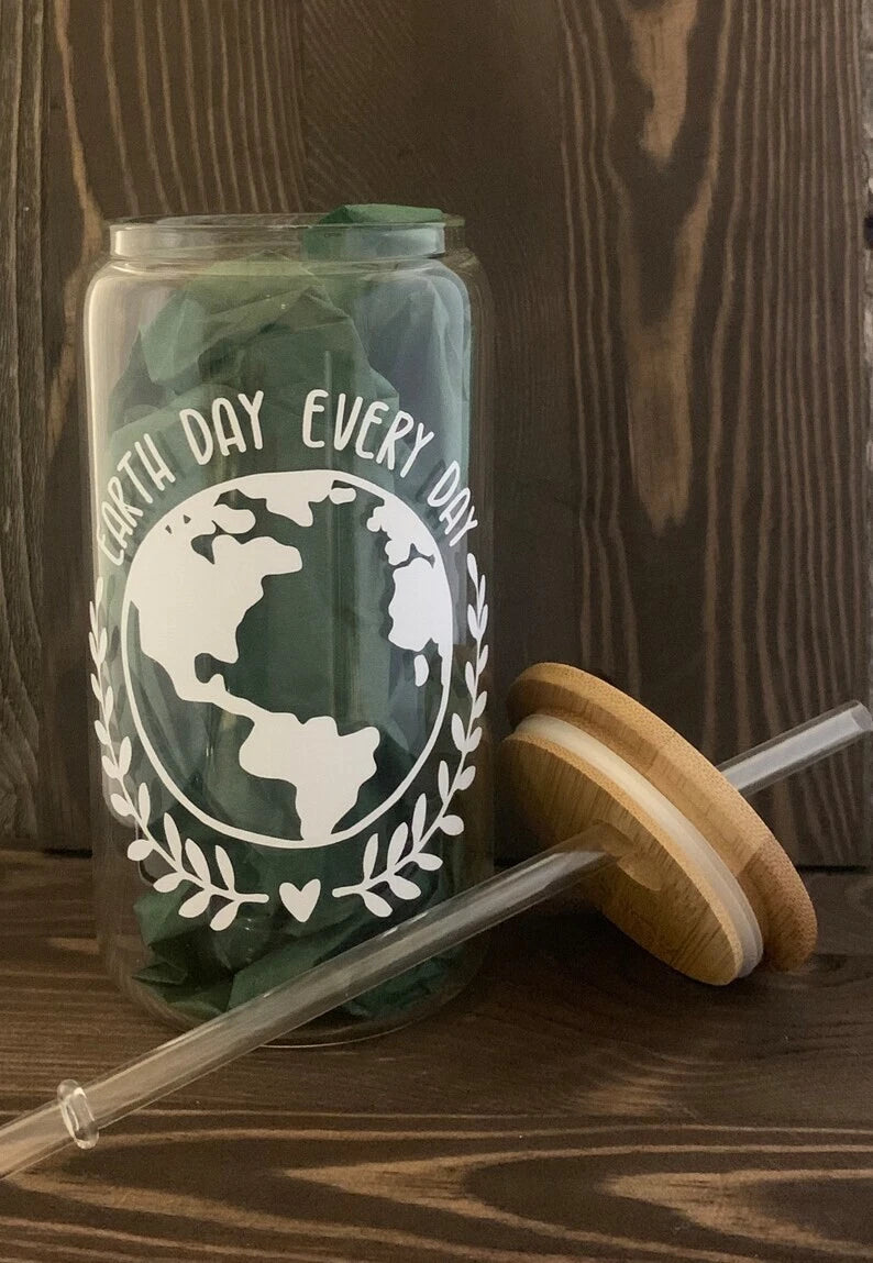 HMD Earth Day Every Day 16 oz Glass Can Tumbler with Bamboo Lid and Straw. | eBay