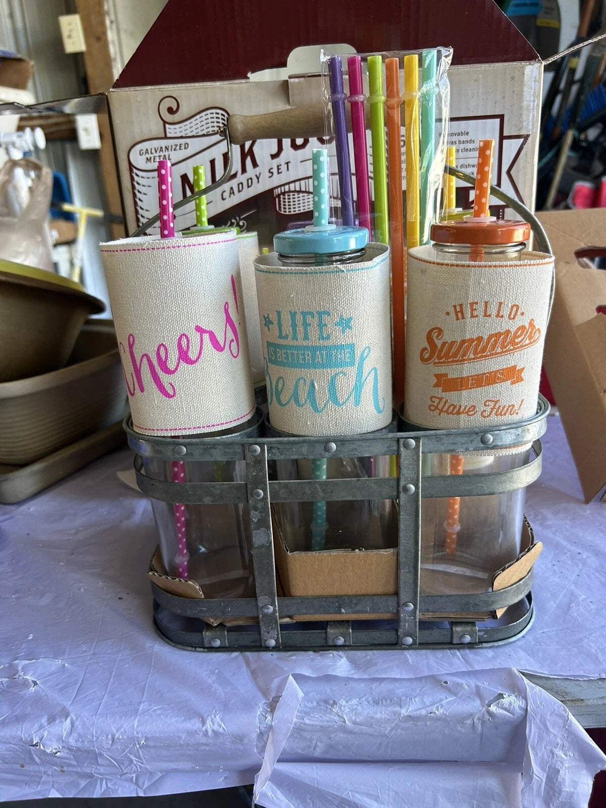 NEW Milk Jug Caddy Set- 6 GLASS MILK Bottles W Galvanized Metal Carrying Caddy | eBay