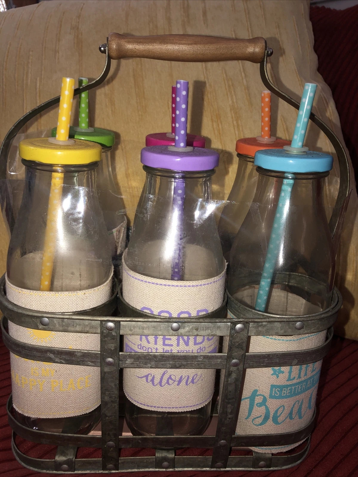 Galvanized Caddy With 6 20 oz. Glass Bottles Screw On Colored Lids With Straws | eBay