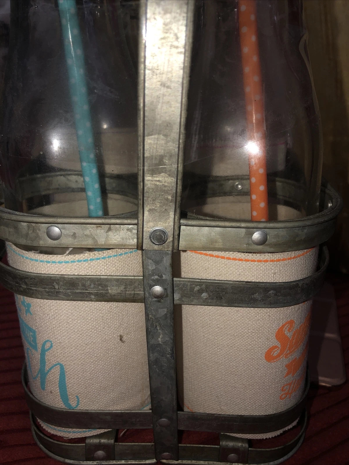 Galvanized Caddy With 6 20 oz. Glass Bottles Screw On Colored Lids With Straws | eBay