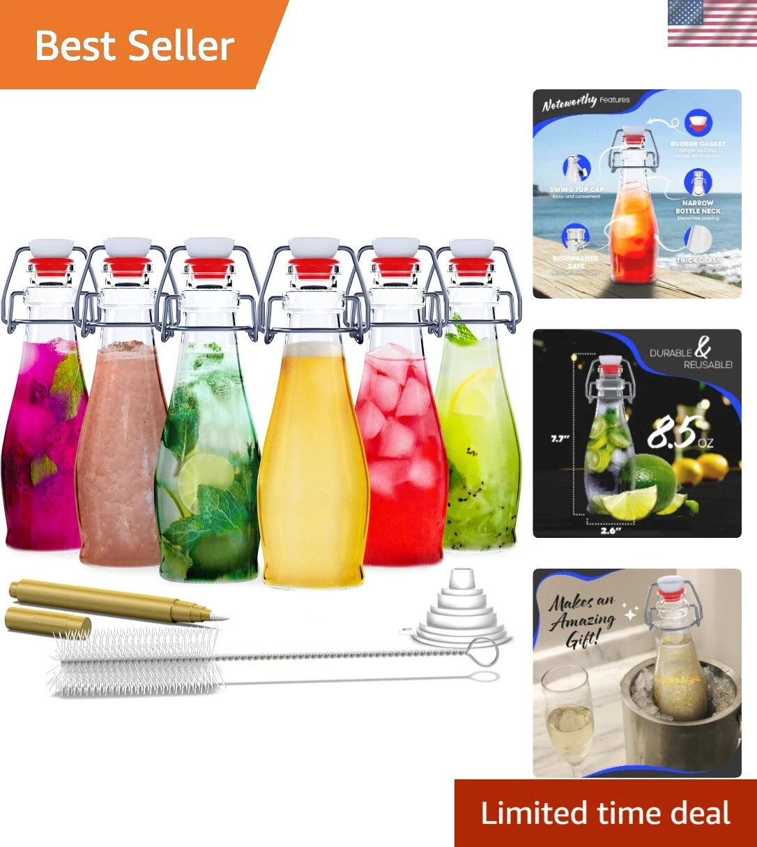 All-in-One 6 Pack Clear Glass Bottles with Airtight Lids & Personalization Kit | eBay