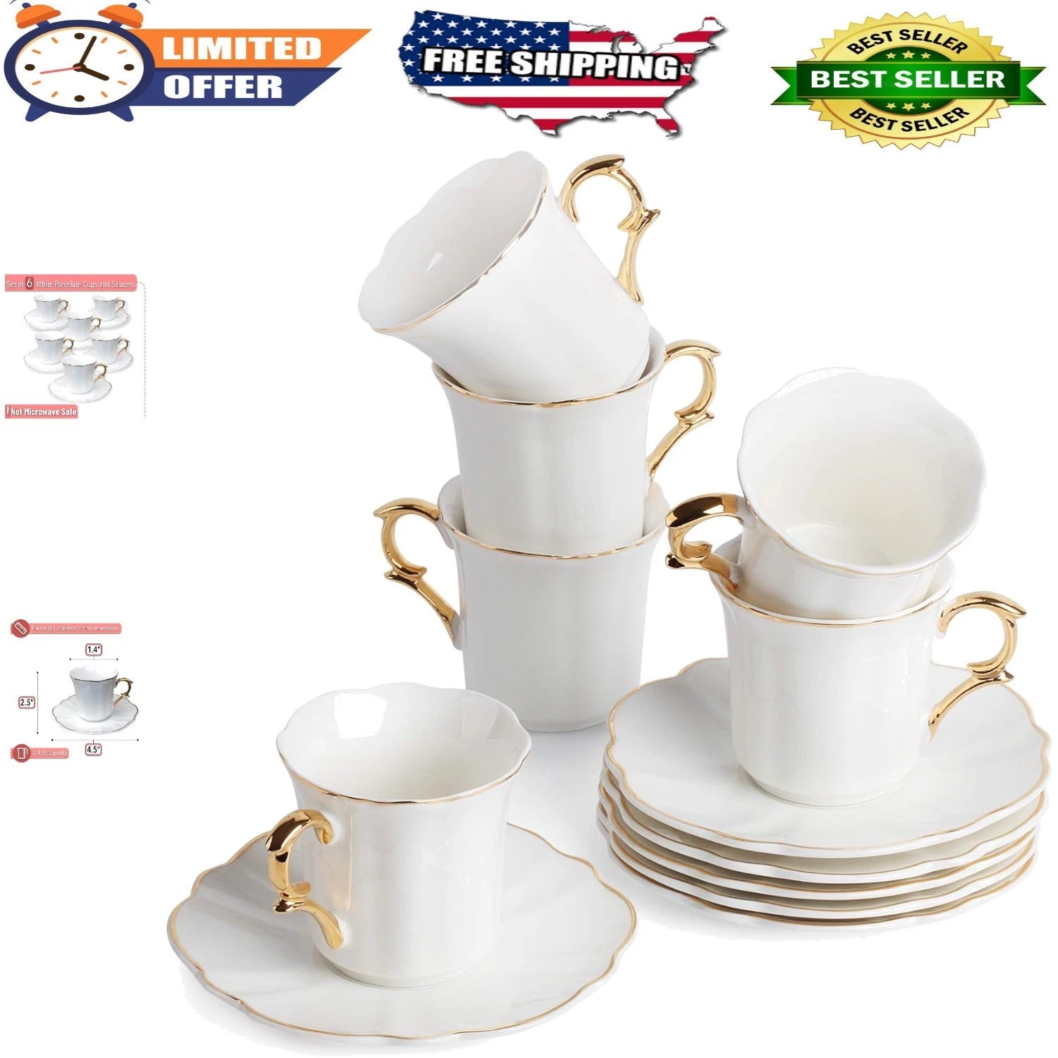 Elegant Gold Trim Porcelain Espresso Cups Set of 6 - Dishwasher Safe Design | eBay