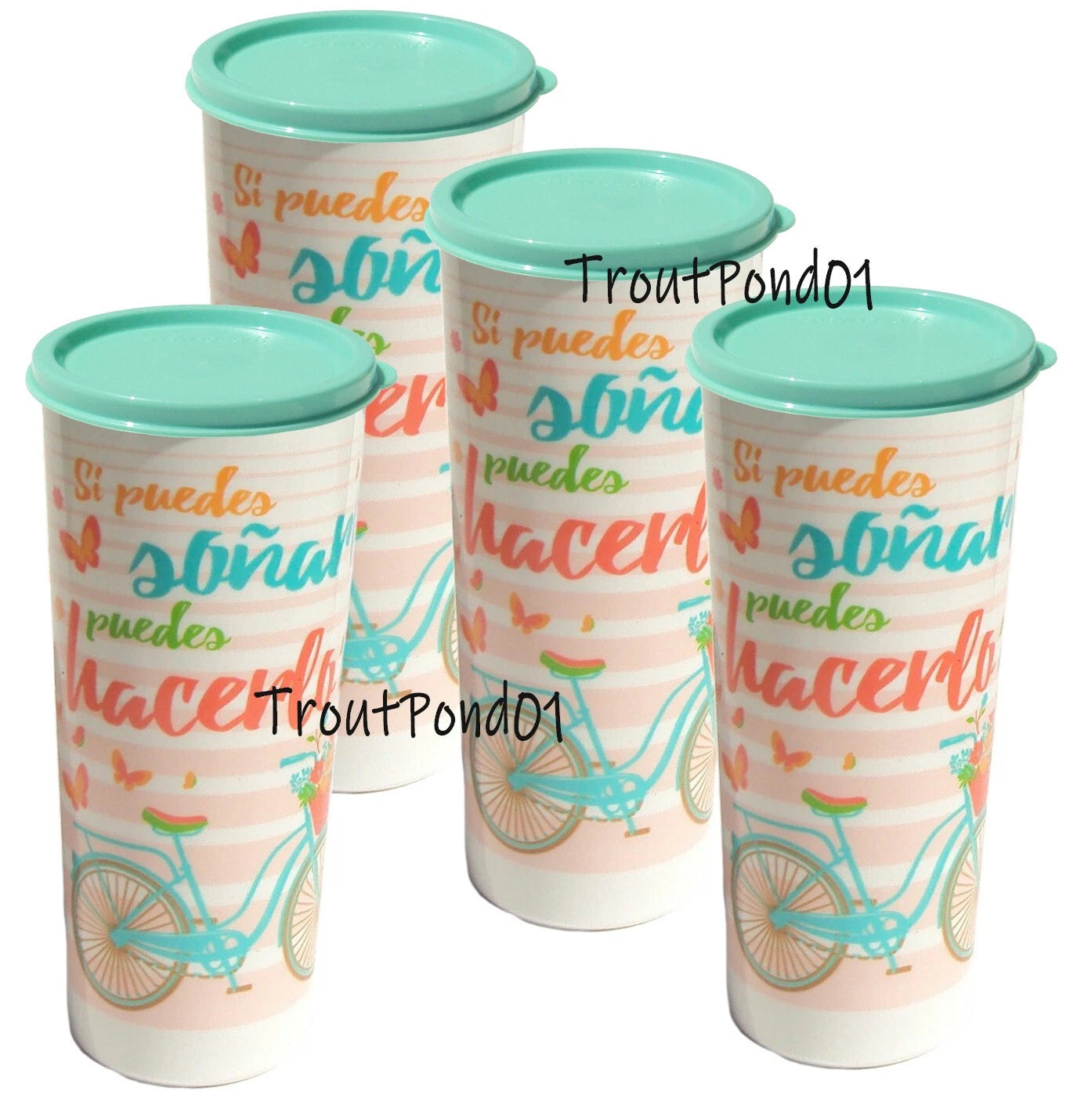 Tupperware Tumblers 16 Ounce Set of 4 Bike Bicycle Design Lids Airtight Seals | eBay