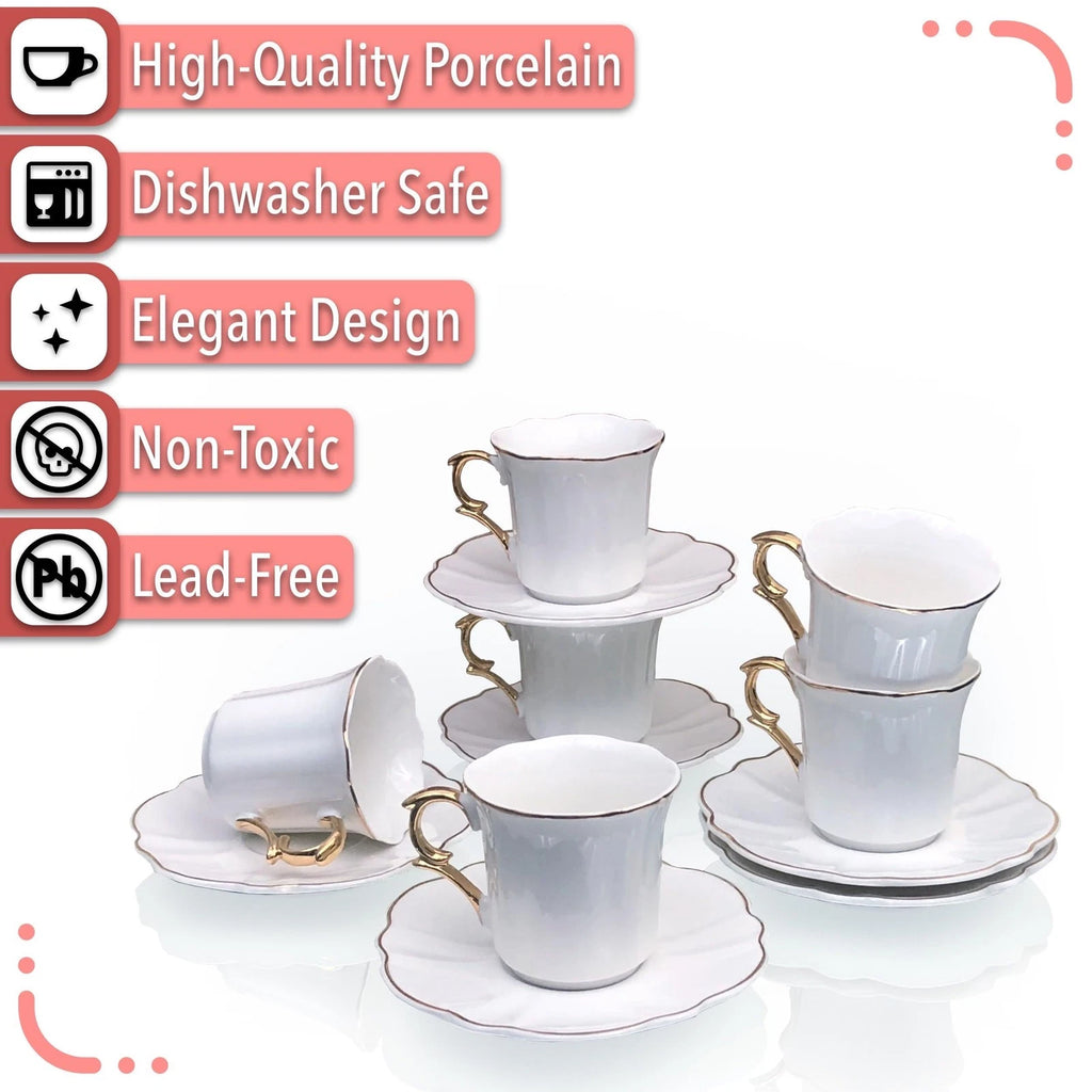 White Espresso Cups with Saucers, Set of 6 (3 oz), Porcelain Turkish Coffee C... | eBay