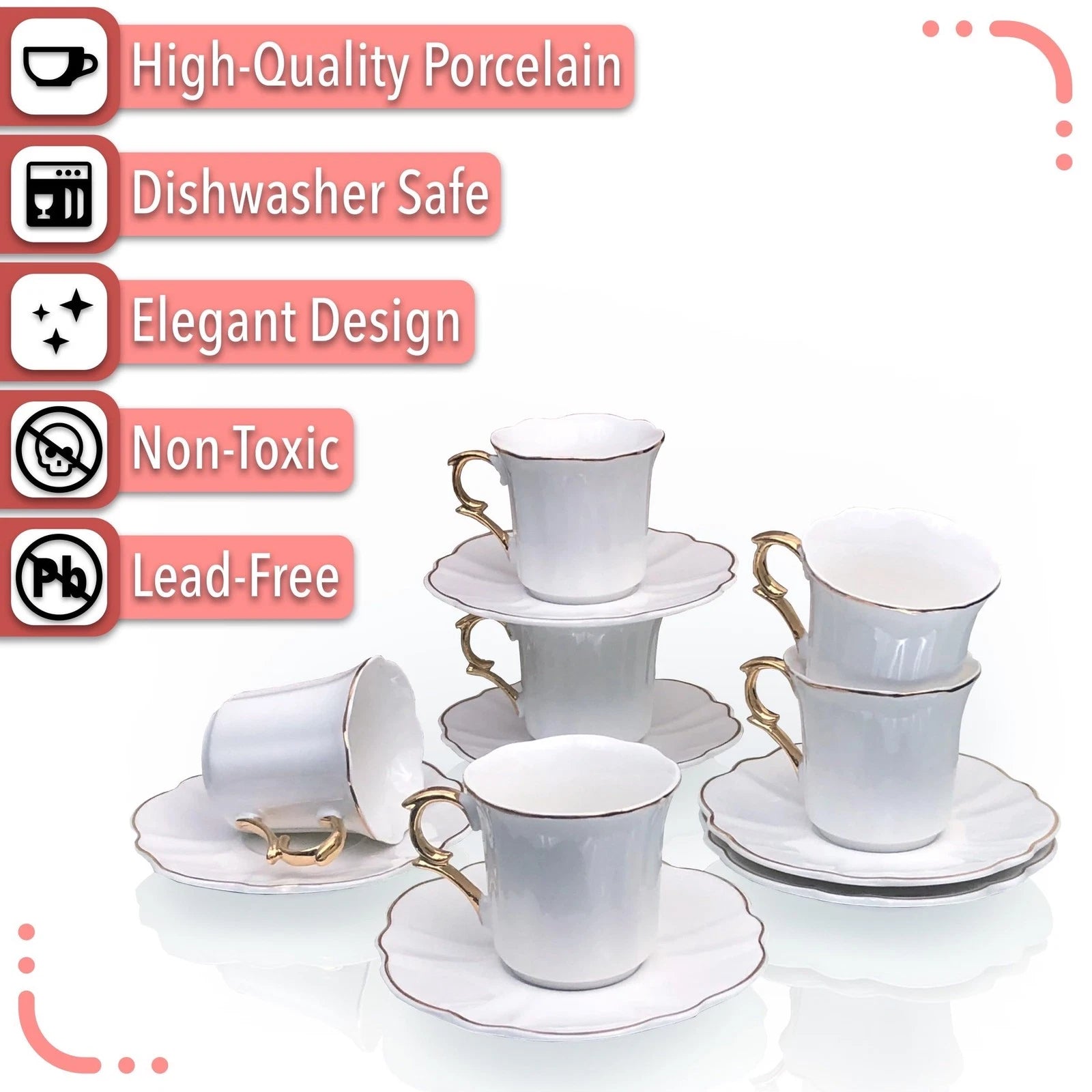 White Espresso Cups with Saucers, Set of 6 (3 oz), Porcelain Turkish Coffee C... | eBay
