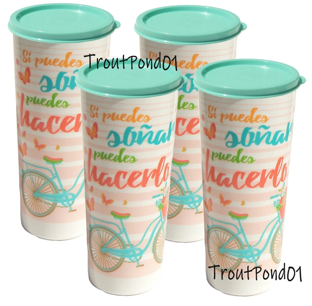 Tupperware Tumblers 16 Ounce Set of 4 Bike Bicycle Design Lids Airtight Seals | eBay