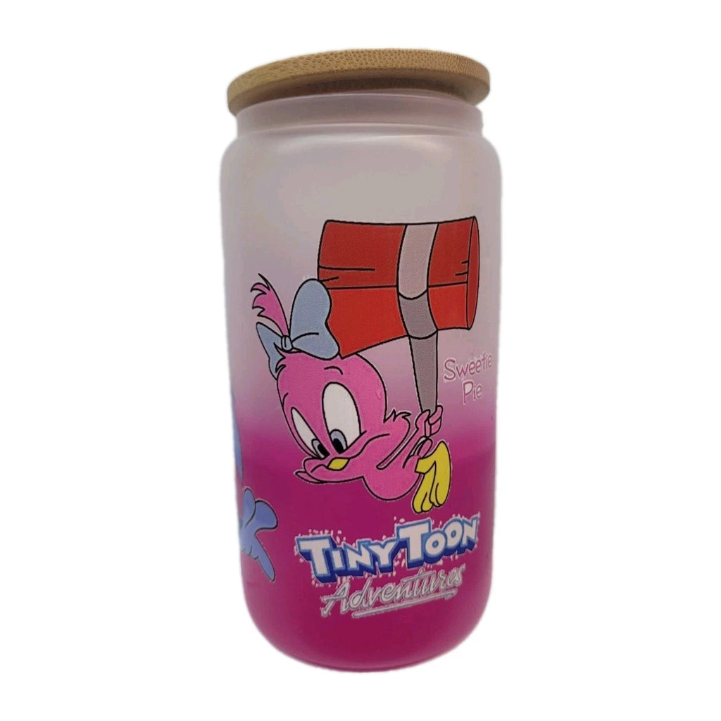 Tiny Toons changing color Glass cup,Bamboo Lid Pink w/C water 16oz.plastic straw | eBay