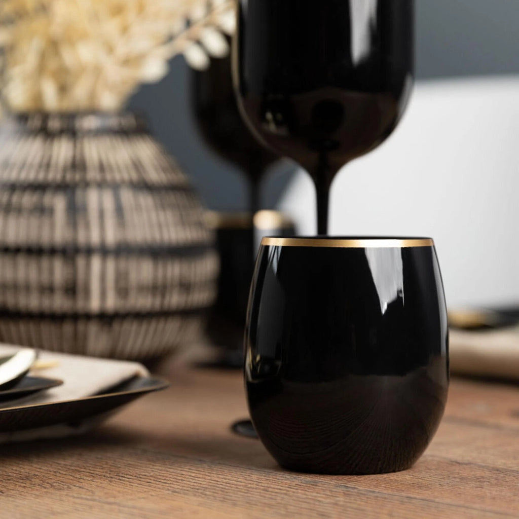 [6pcs] 12oz Fancy Plastic Black Wine Goblets Stemless Unbreakable with Gold Rim | eBay