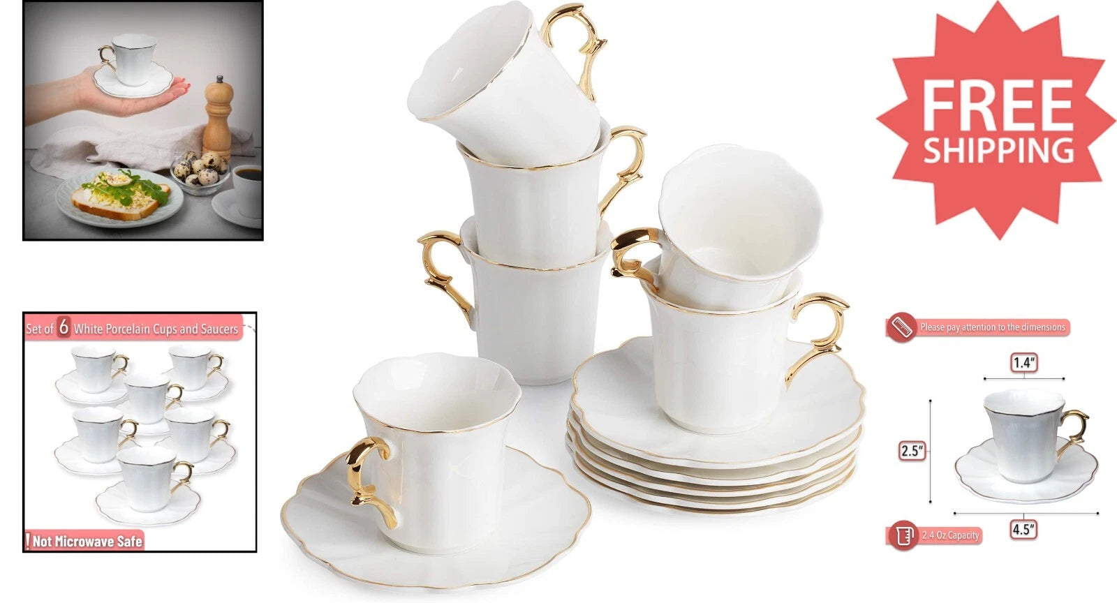 Glamorous Gold Trimmed Espresso Cups in Gift Box - Set of 6 for Celebrations | eBay