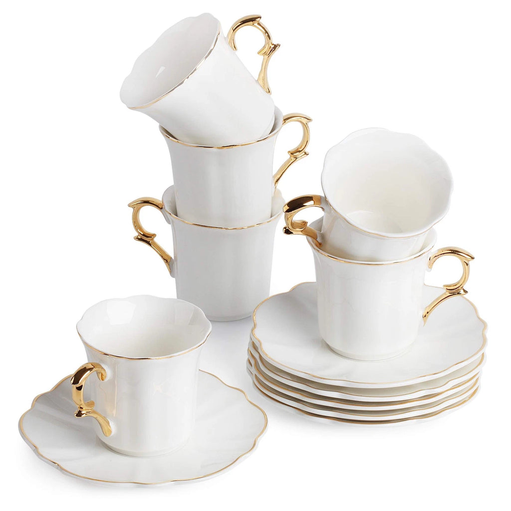 White Espresso Cups with Saucers, Set of 6 (3 oz), Porcelain Turkish Coffee C... | eBay