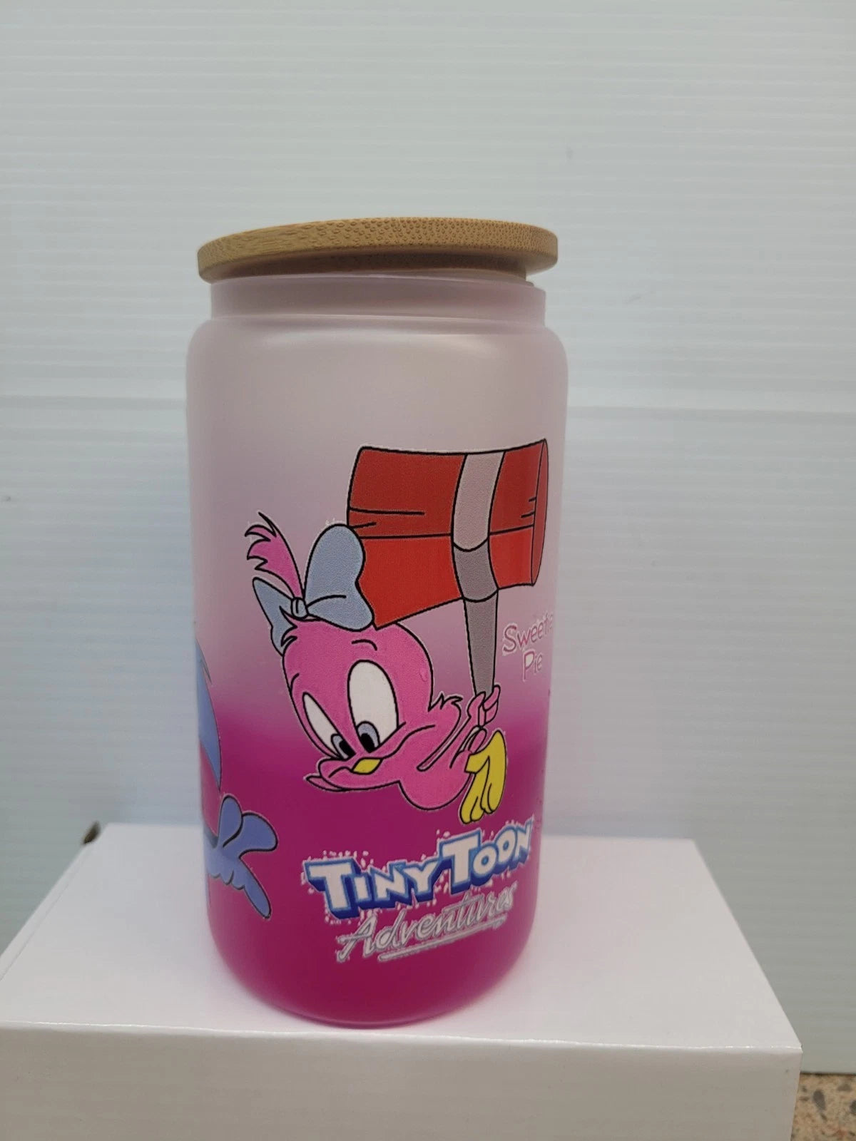Tiny Toons changing color Glass cup,Bamboo Lid Pink w/C water 16oz.plastic straw | eBay