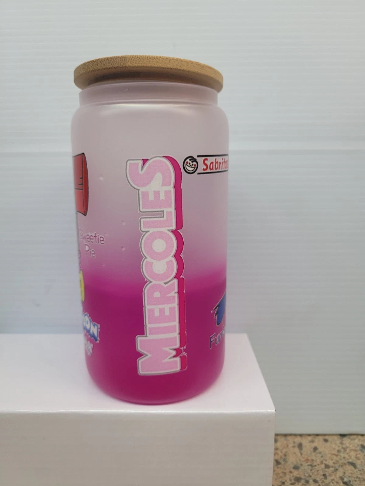 Tiny Toons changing color Glass cup,Bamboo Lid Pink w/C water 16oz.plastic straw | eBay