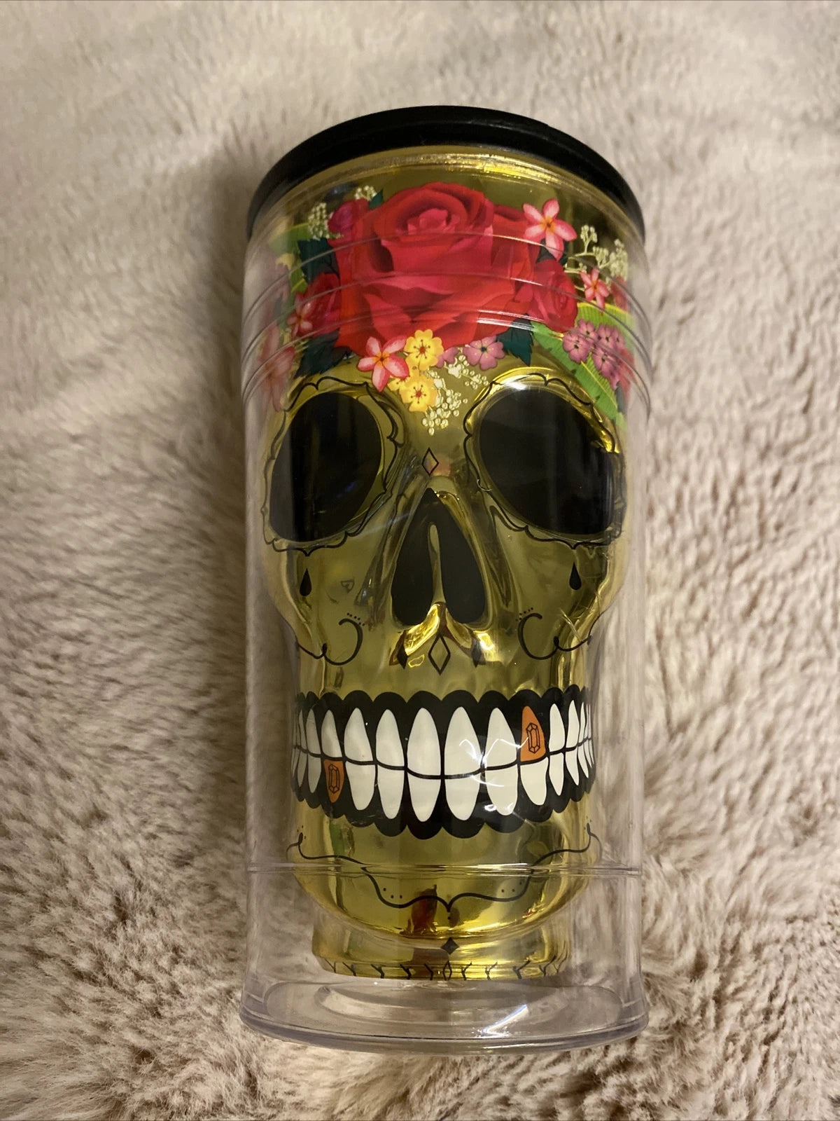 2011 Day of the Dead Skull In Gold & Pinks Drinking Glass with Lid by Cool Gear | eBay