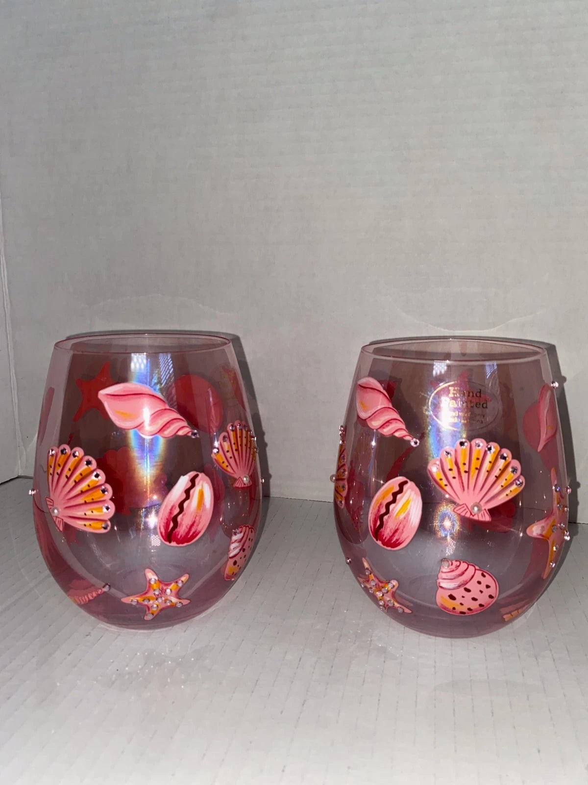 Set of Hand-Painted Iridescent Pink Acrylic Cups – Seashells, Pearls & Gem Beads | eBay