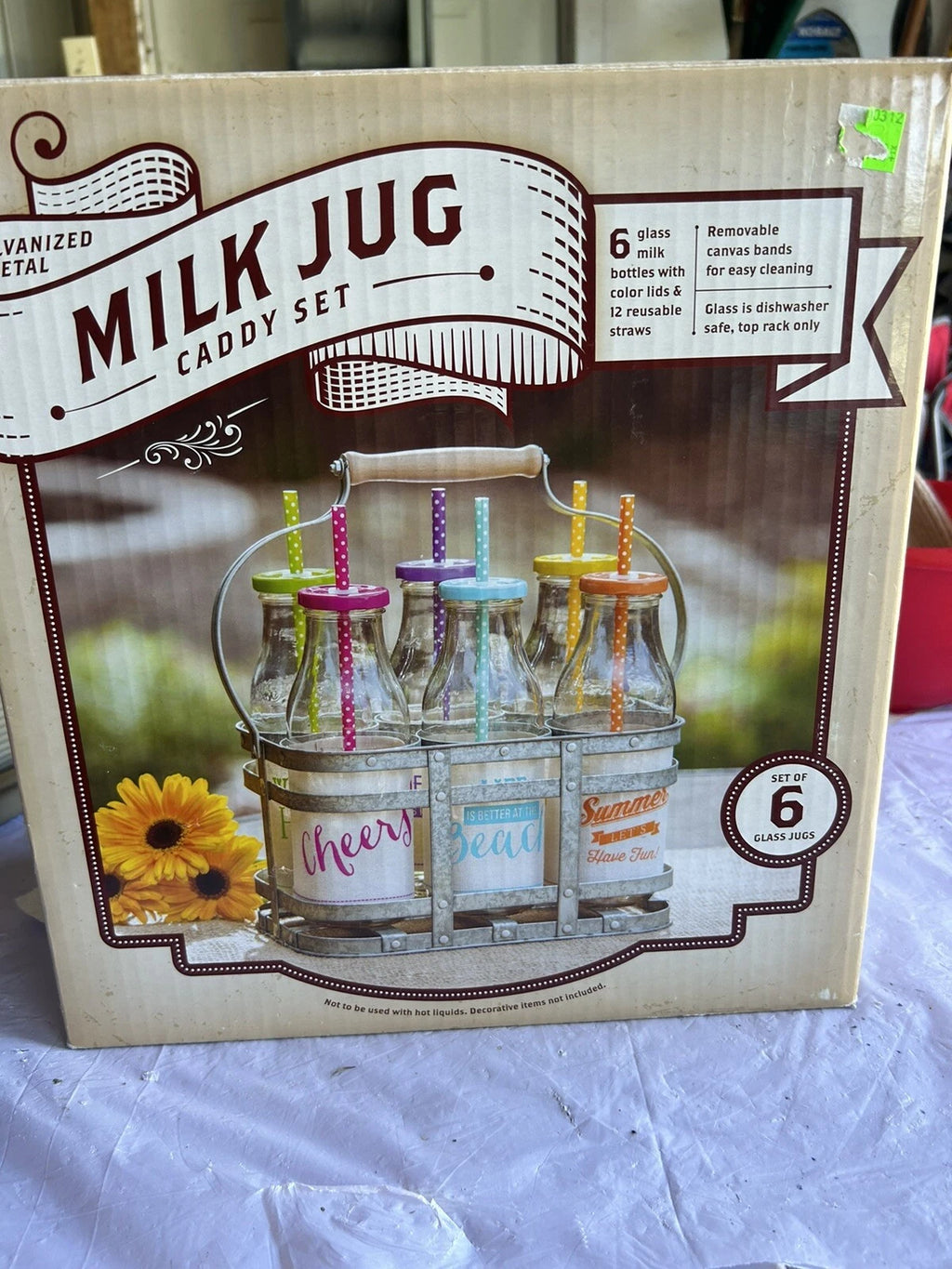 NEW Milk Jug Caddy Set- 6 GLASS MILK Bottles W Galvanized Metal Carrying Caddy | eBay