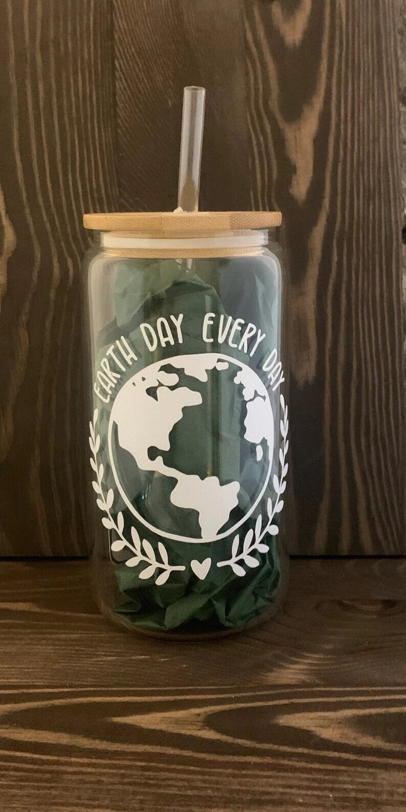 HMD Earth Day Every Day 16 oz Glass Can Tumbler with Bamboo Lid and Straw. | eBay