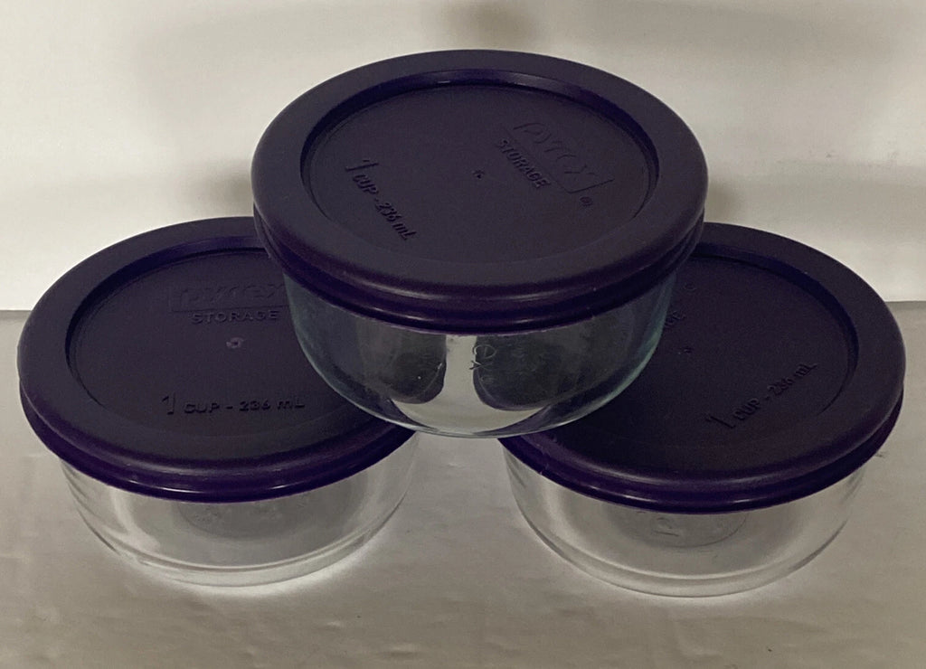 Pyrex Storage Bowls Glass with Purple Lids 3.75 Inch x 2 Inch Set of 3 Stackable | eBay
