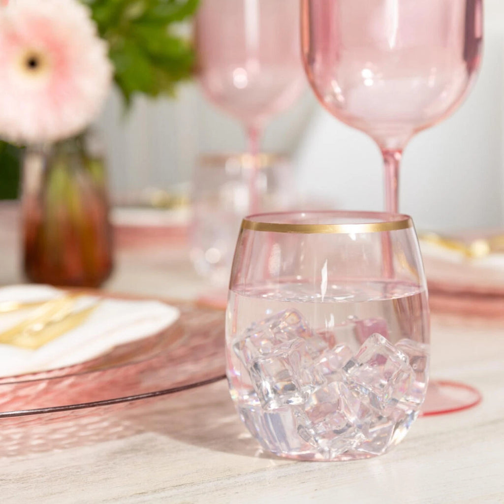 [12pcs] 12oz Fancy Plastic Pink Wine Goblets Stemless Unbreakable with Gold Rim | eBay