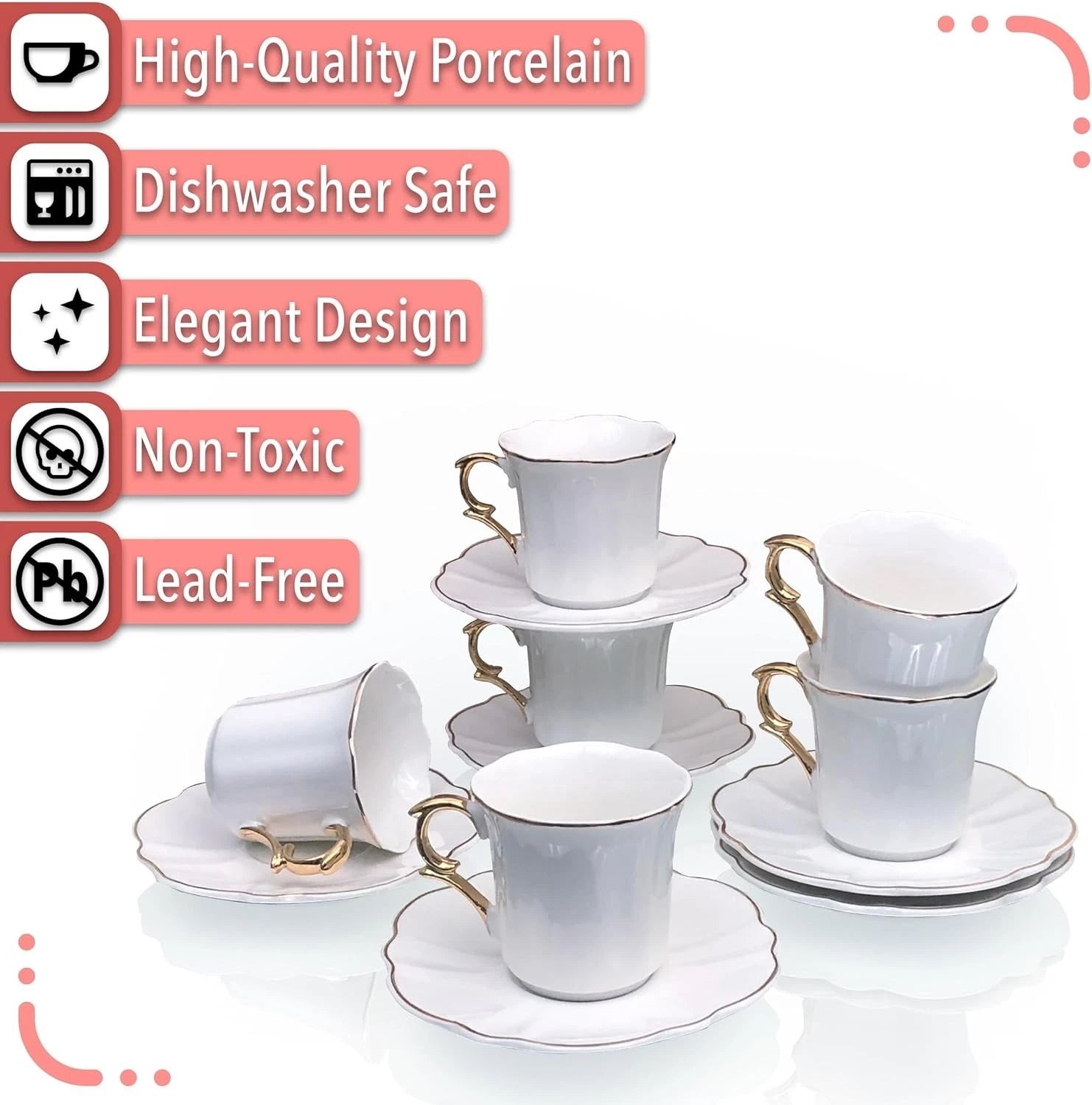 BTaT- Espresso Cups and Saucers, 2.4 oz, Set of 6, Gold Trim and Gift Box, | eBay