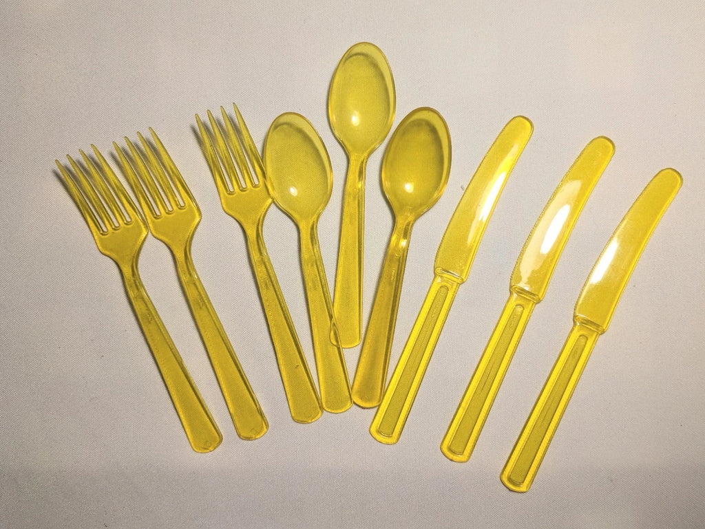 Vintage Yellow/Amber Acrylic 12 OZ Glasses and 6 Piece Silverware Set RARE? | eBay