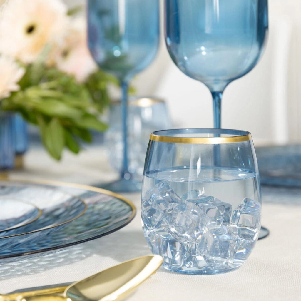 [12pcs] 12oz Fancy Plastic Blue Wine Goblets Stemless Unbreakable with Gold Rim | eBay