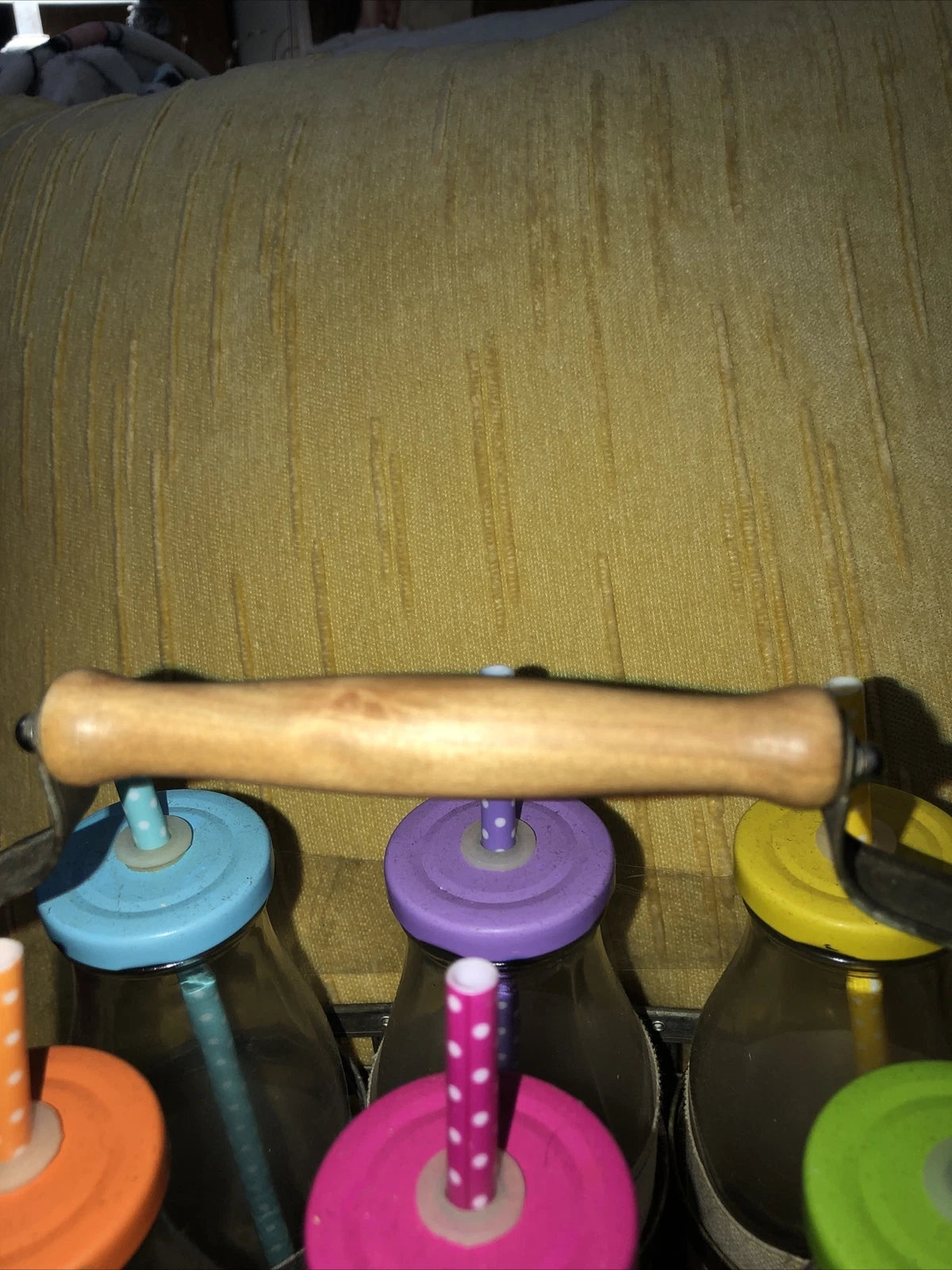 Galvanized Caddy With 6 20 oz. Glass Bottles Screw On Colored Lids With Straws | eBay