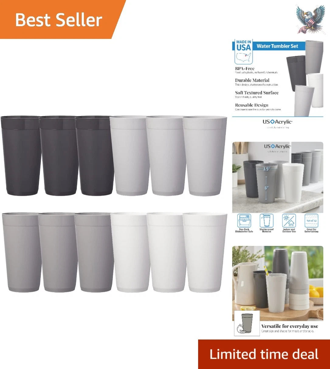 Shatterproof and Dishwasher Safe 20oz Tumblers - Set of 12 Grey Stone Cups | eBay