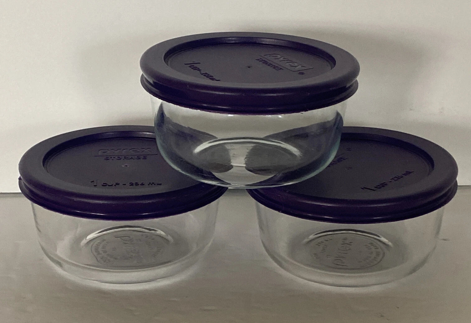 Pyrex Storage Bowls Glass with Purple Lids 3.75 Inch x 2 Inch Set of 3 Stackable | eBay