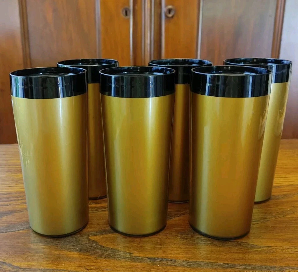1 Set Of 6 ~ 1970s Thermo-Serv Plastic Insulated Tumblers Black Gold 12oz | eBay